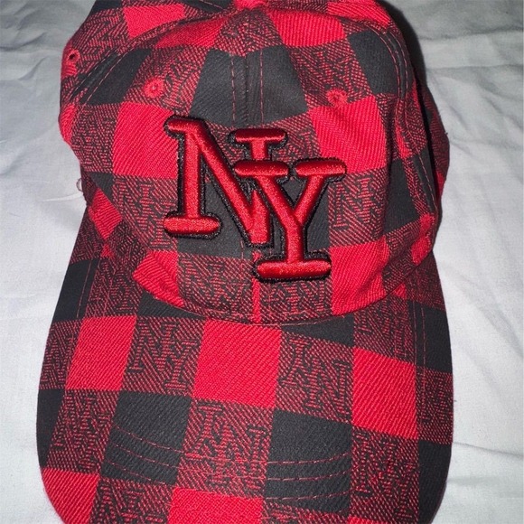 K&B Ethos Red‎ & Black Plaid NY Embroidered Baseball Cap Unisex Adjustable - Picture 1 of 4